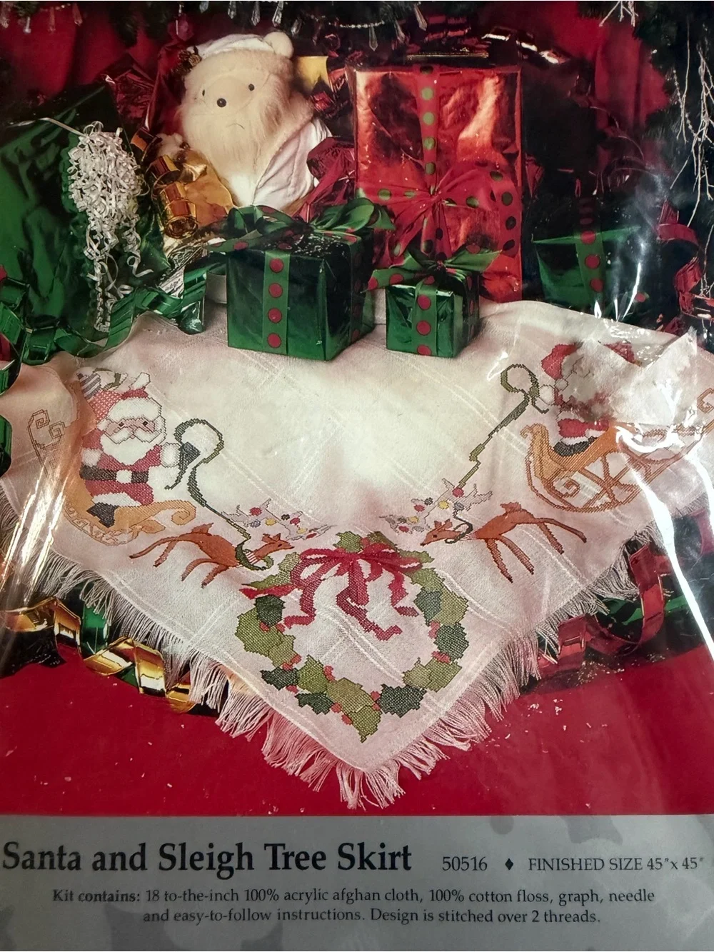 Vintage NEW Holiday Afghan Cloth - White and Red Tree Skirt-Cross Stitch Craft